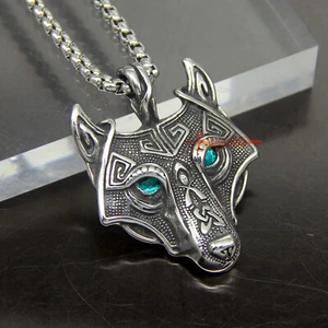 Collana uomo grande acciaio inox vichingo celtico testa di lupo pendente occhi zirconi verdi - Foto 1 di 15