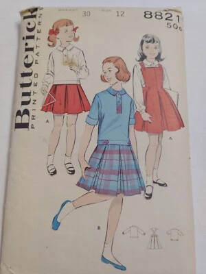 Jumper Dress Blouse Top Girls 12 Butterick 8821 Sewing Pattern VTG Pleated Skirt - Image 1 of 4