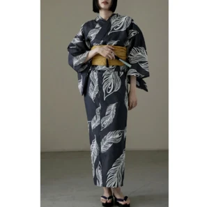 Japanischer Sommer Kimono Yukata Indigo mit Federmuster Yukata und Obi Set - Bild 1 von 4