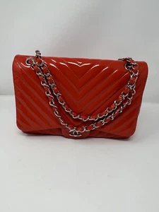 Chanel Orange Chevron Quilted Patent Leather Jumbo Classic Single Flap Bag Auth - Picture 1 of 23
