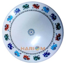 16" Multi Stone Elephant Inlay White Marble Coffee Table Top Garden Decors W292