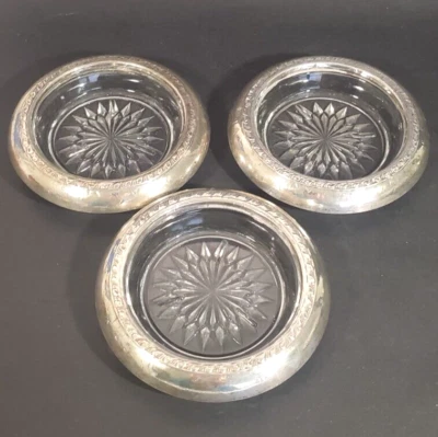 Set 3 Cut Glass & Sterling Rim Coasters Gadroon Edge Starburst Center  - Image 1 of 4