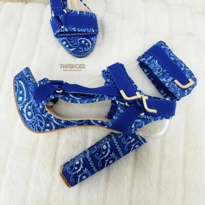 Zapato de arnés de tacón alto grueso Bandanna azul 5,5" tallas 5,5-11 pañuelo - Imagen 1 de 12