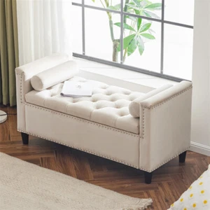 Queen Velvet Upholstered End of Bed Bench Storage Ottoman Seat w/Nailhead Trim - Picture 1 of 10