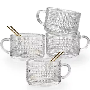 Vintage Glass Coffee Mugs Set Of 4 14 Ounces Embossed Glass Coffee Cups Stackabl - Picture 1 of 8
