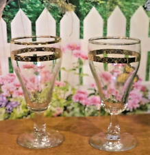 Pair of Stunning Antique Water Goblets w/ Delicate Faceted Stem & Gold Bands