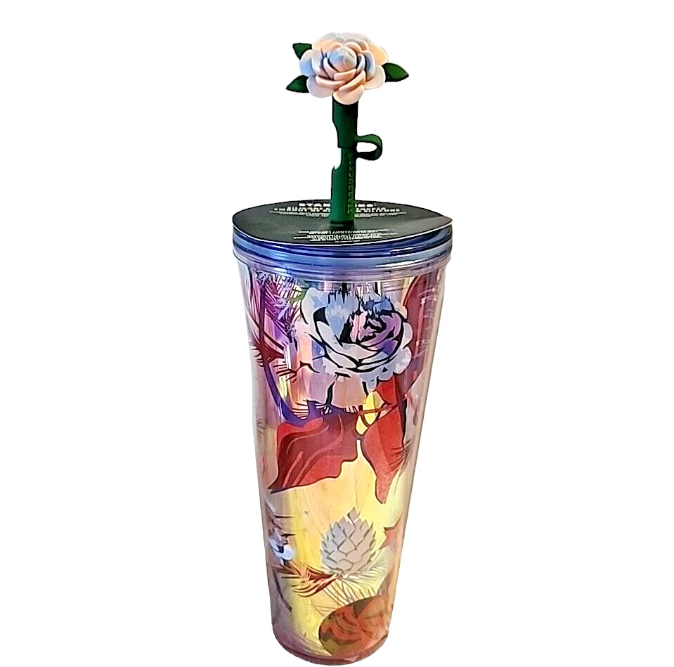 Starbucks Holiday 2023 Tumbler Cup with Flower Silicone Straw Topper 24 oz