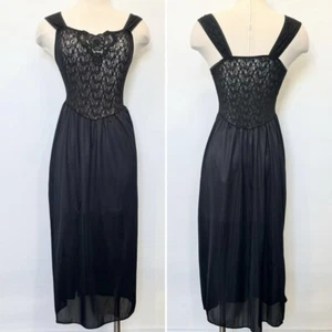Vestido midi vintage sedoso satinado gótico negro elástico transparente sin mangas - Imagen 1 de 7