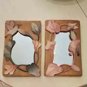 Wood Hand Carved Mirror Set Birds Flowers Cottagecore Grandmacore Vintage - Picture 1 of 3