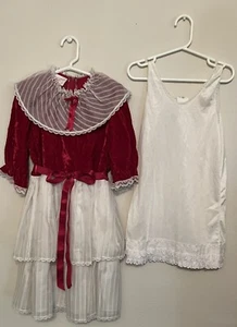 Vintage Merry Girl Party Dress Holiday Red Velvet Ivory Ruffles Union Label Sz 8 - Picture 1 of 10