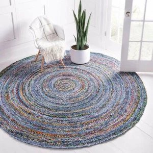 Round Blue Denim Cotton Carpet Braided Rustic Look Rug for Living Room Indoor - Picture 1 of 4