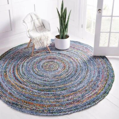 Round Blue Denim Cotton Carpet Braided Rustic Look Rug for Living Room Indoor - Image 1 of 4