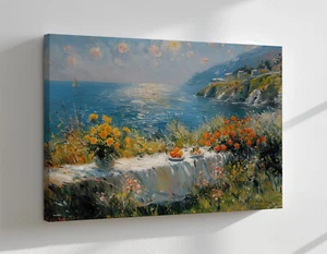 Mediterranean Seascape Sunset Vintage Painting Canvas Print Modern Wall Art - Picture 1 of 9