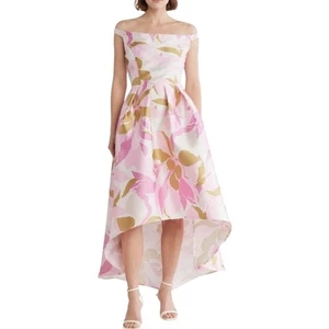 DONNA RICCO OFF THE SHOULDER Pink Floral Satin Party HIGH LOW EVENING DRESS 12 - Picture 1 of 15