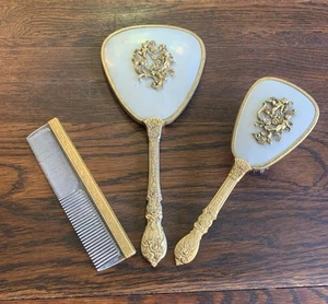 Juego de tocador de 3 piezas de colección Hollywood Regency barroco chapado en oro de 24k querubines Ormolu - Imagen 1 de 24