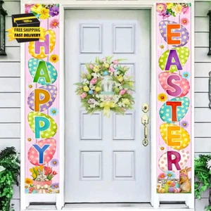 Happy Easter Porch Banner with Bunny Egg Tulip Party Front Door Sign Spring East - Picture 1 of 7