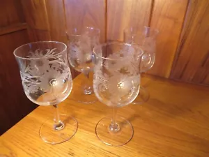 DELIGHTFUL SET/4 ANTIQUE WINE CRYSTAL GLASSES - HAND-ETCHED W FLOWERS N FERNS - Picture 1 of 7