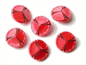 Lot (6) 18mm Czech Vintage Deco hand painted geometric red glass buttons - Picture 1 of 2