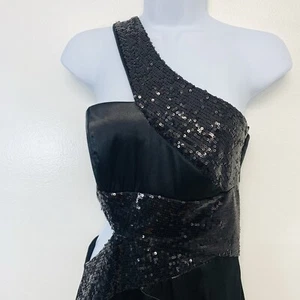 Vintage Black Satin Sequin Gown 5/6 One Shoulder Cut Out Formal Wedding Holiday - Picture 1 of 11