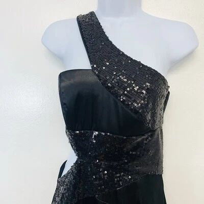Vintage Black Satin Sequin Gown 5/6 One Shoulder Cut Out Formal Wedding Holiday - Image 1 of 4