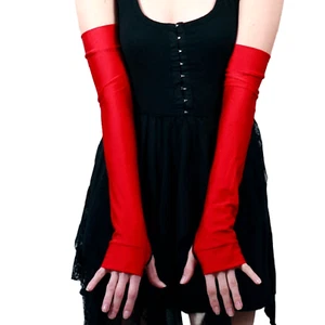 Long Arm Warmers Red Costume Fingerless Gloves Superhero Spandex Wetlook Womens - Picture 1 of 2
