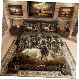 Rustic Deer Comforter Set for Cabin Lodge Vintage Elk Moose Full Color 02 - Picture 1 of 8