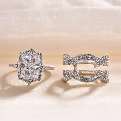 3 Ct Radiant Cut Simulated Diamond Halo Enhancer Wedding Ring Set in 925 Silver - Image 1 of 4