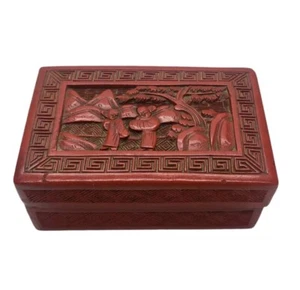 Vintage Antique Chinoiserie Carved Lacquer Rectangular Cinnabar Trinket Box - Picture 1 of 8