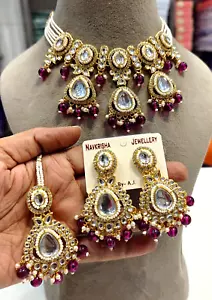 Indian Bollywood Gold Plated Kundan Choker Bridal Necklace Earrings Jewelry Set - Picture 1 of 3