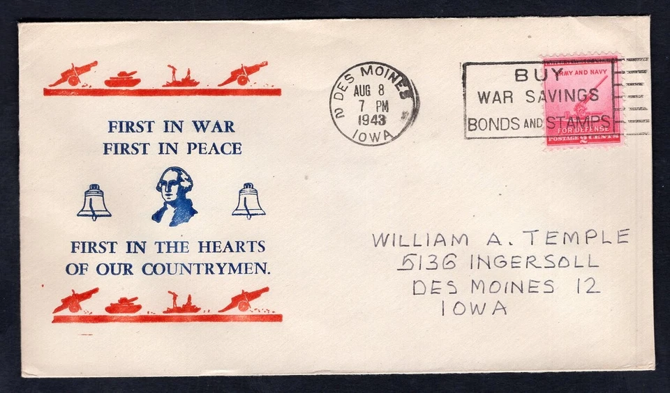 USA Des Moines Iowa Segunda Guerra Mundial 1943 Cubierta Patriótica. Washington, Liberty Bell Cachet Foto 1 de 2