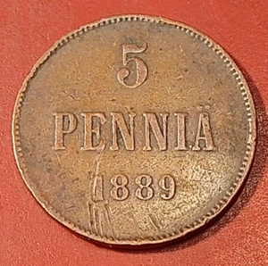 Finlandia *5 penniä 1889 - Cobre *Imperio Alejandro III *Estado 1/1 * - Imagen 1 de 2