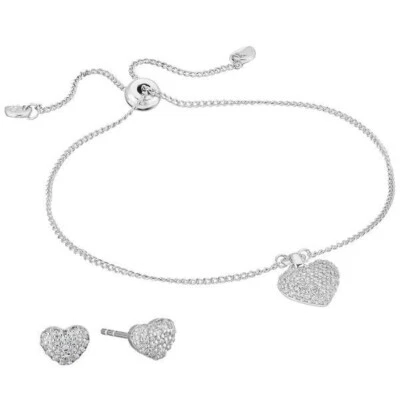 Michael Kors Sterling Silver Pavé Puffed Heart Slider Bracelet & Stud Earrings - Image 1 of 4