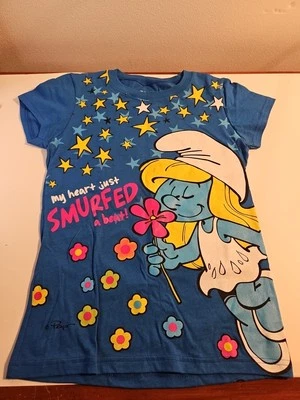 Smurfs Smurfette Blue Shirt Size Youth L 10/12 Heart Smurfed a Beat Peyo - Image 1 of 4