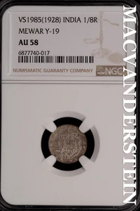 India: VS1985(1928) 1/8 R - Mewar Y-19 NGC AU 58 - Almost Uncirculated #SLH271 - Picture 1 of 2