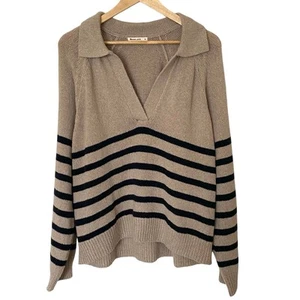 MARINE LAYER Claire Relaxed Knit Polo Sweater in Neutral Stripe, Size X-Large - Picture 1 of 15