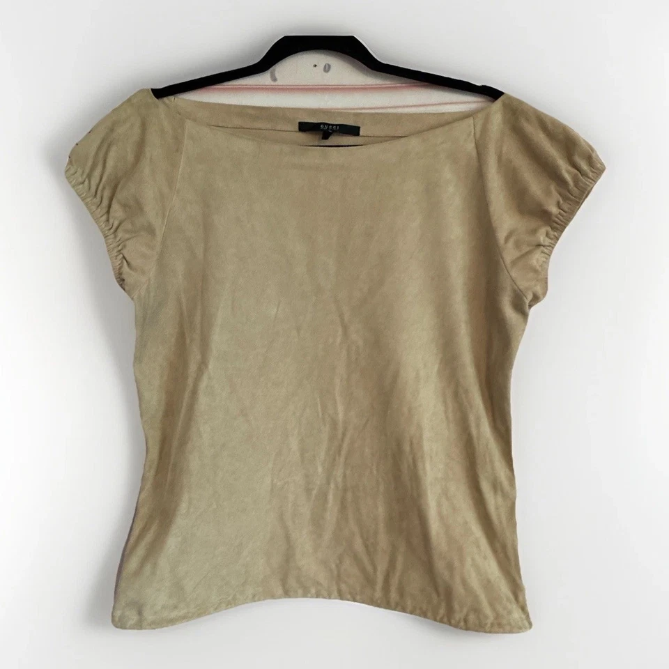 Auténtica Blusa Top Gucci Beige-Rosa Gamuza Manga Corta Talla 46 EE. UU. 10 Foto 1 de 4