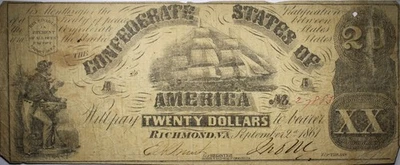 1861 $20 Confederate States Of America Currency Low Grade Dmg P190 - Image 1 of 2