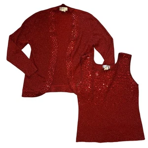 VTG Once Again 2 Piece Cardigan Tank Top Set Womens 1X Red Holiday Metallic Xmas - Picture 1 of 10