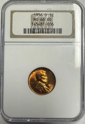 Very Nice 1956-D Lincoln Wheat Cent   NGC MS66 RD   Free US Shipping - Image 1 of 2