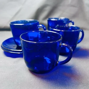 Set of 4 (8 Pieces) Cobalt Blue Glass Cups and Saucers Espresso Demi VGUC - Picture 1 of 6