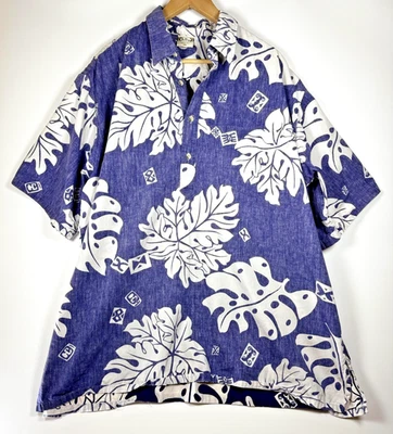 Camisa Hawaiana De Colección Go Barefoot Hombres 2XL Azul Blanco Floral Hoja Aloha Popover Foto 1 de 4