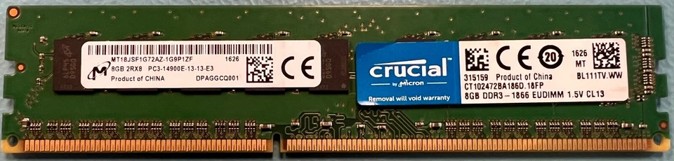 Crucial CT102472BA186D 8GB PC3-14900 DDR3-1866 UDIMM Server Memory RAM - Image 1 of 1