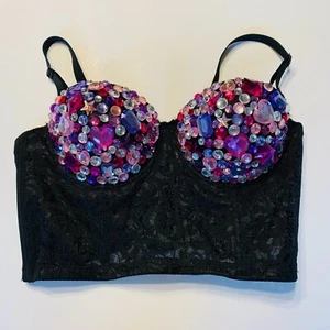 Bedazzled Black Bustier Women's 34A Lace Bra with Adjustable Straps Rave Costume - Picture 1 of 4