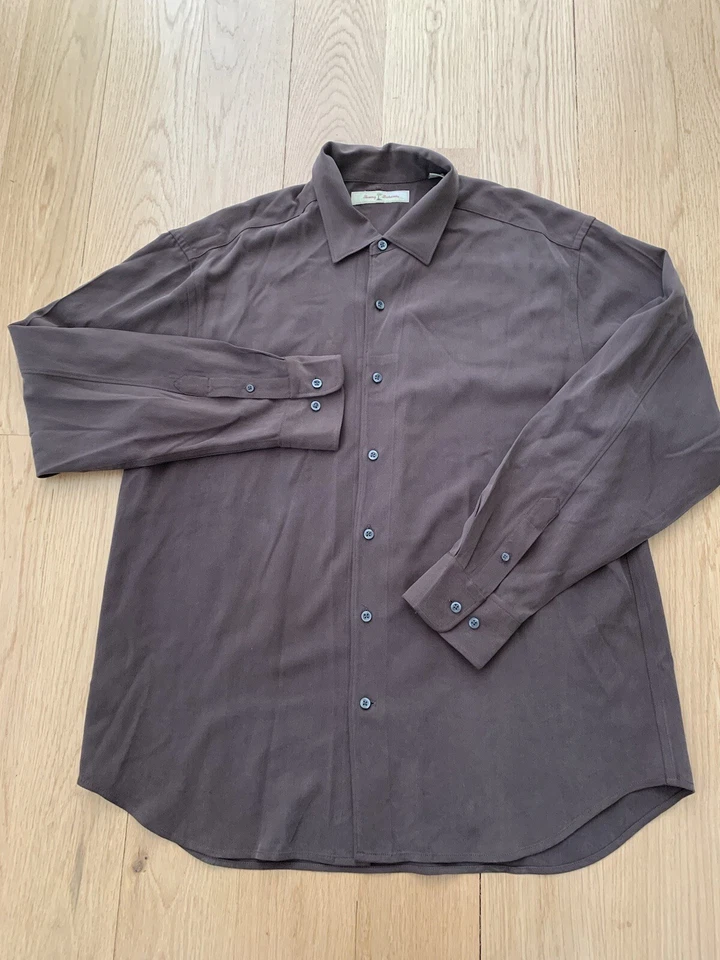 Camisa de vestir Tommy Bahama para hombre XL marrón safari manga larga 100 % seda abotonada Foto 1 de 4