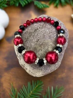 Pulsera elástica/elástica con cuentas, cristal y diamantes de imitación roja y negra Foto 1 de 4