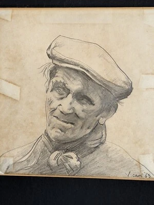 Dibujo original a lápiz sobre papel firmado por Andrew Vicari retrato de granjero 1963 Foto 1 de 4