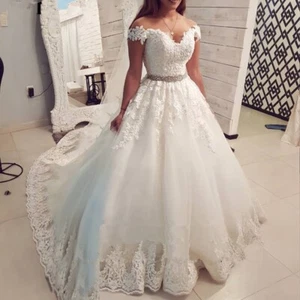 Princess Beaded Wedding Dresses Sleeveless Plus Size V-neck Bridal Gown Applique - Picture 1 of 4