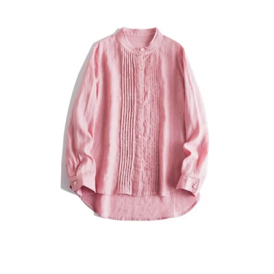 Camisa informal de manga larga suelta de algodón con botones con cuello alto para mujer Foto 1 de 4