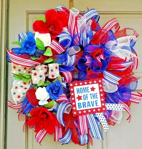 July 4th Patriotic Front Door Wreath Handmade Red White Blue 24" Floral Decor - Picture 1 of 7