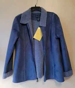 Denim & Co Faux Suede Sherpa Lined Light Blue Jacket Front Zipper Pockets Sz Lrg - Picture 1 of 14